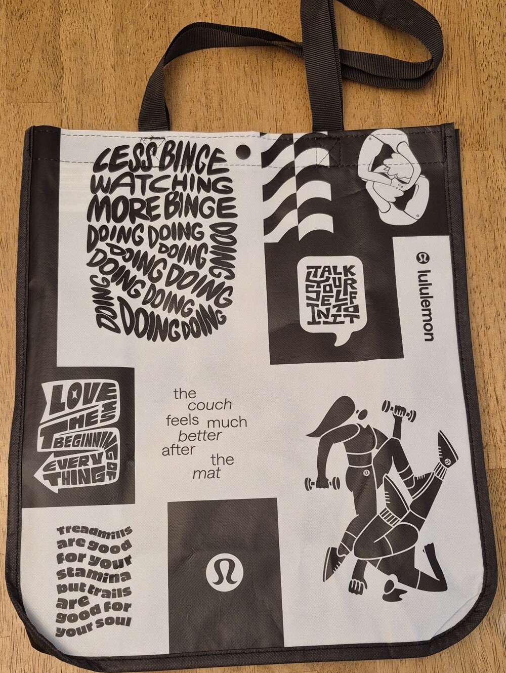 Lululemon Large Dark Brown & White Graphic Reusable Shopping Tote Bag NEW
